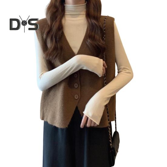 

Осень-зима Женский жилет с V-образным вырезом на пуговицах Однотонный свободный трикотажный толстый сохраняющий тепло свободный свитер без рукавов кофейный