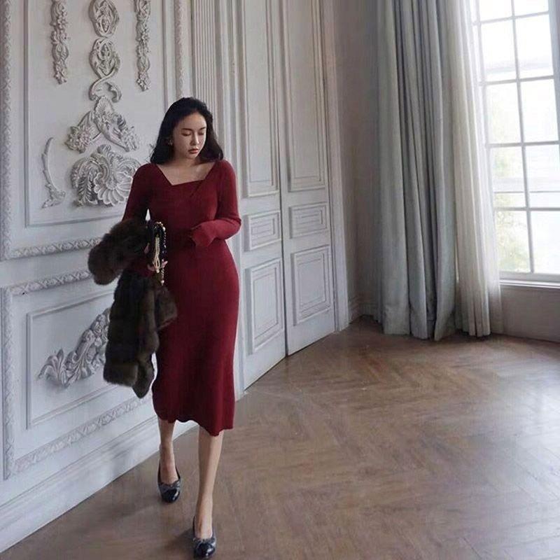 Autumn and Winter New New Robe Christmas Red Dress Women's Chic High-end Knitted Sweater