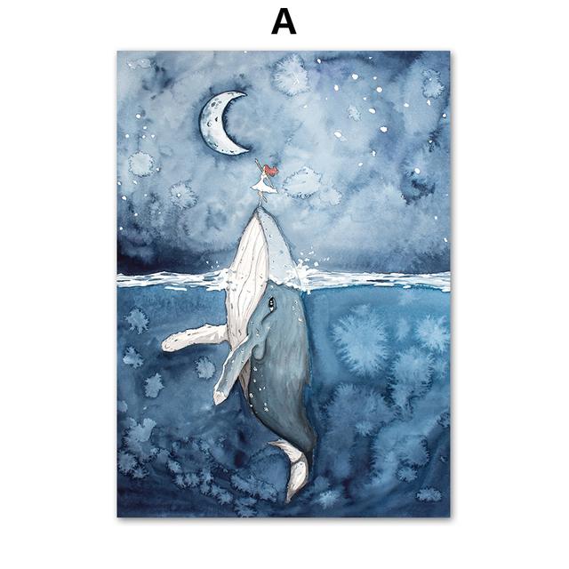 

Голубое море косатка луна девушка лодка морская жизнь мультфильм холст картины постеры и принты настенные художественные фотографии Декор для детской комнаты 40X50cm Unframed