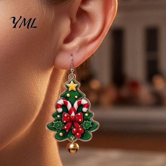 Festive Fashion Jewelry 1 Pair Acrylic Christmas Tree Dangle Earrings, 2D Flat Xmas Winter Outfit Accessories Bow Candy Cane Earrings with Bell,
