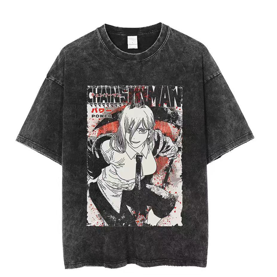 Chainsaw Man Washed Cotton Men Women Vintage Japan Anime Oversize Shirt Streetwear Short Sleeve Shirt Loose Cotton Tops