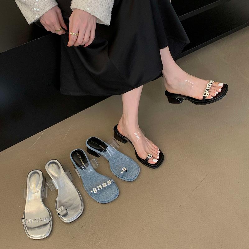 

Transparent rhinestone toe sandals women s summer square head sexy temperament cool slippers medium heel high heel women s shoes thick heel 39 серебряный