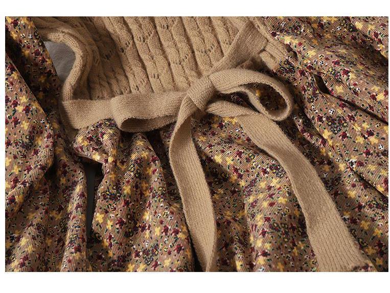 Trendy Autumn/Winter Korean Style Slimming Patchwork Tie-Up Knit Long Dress with Corduroy Floral Print
