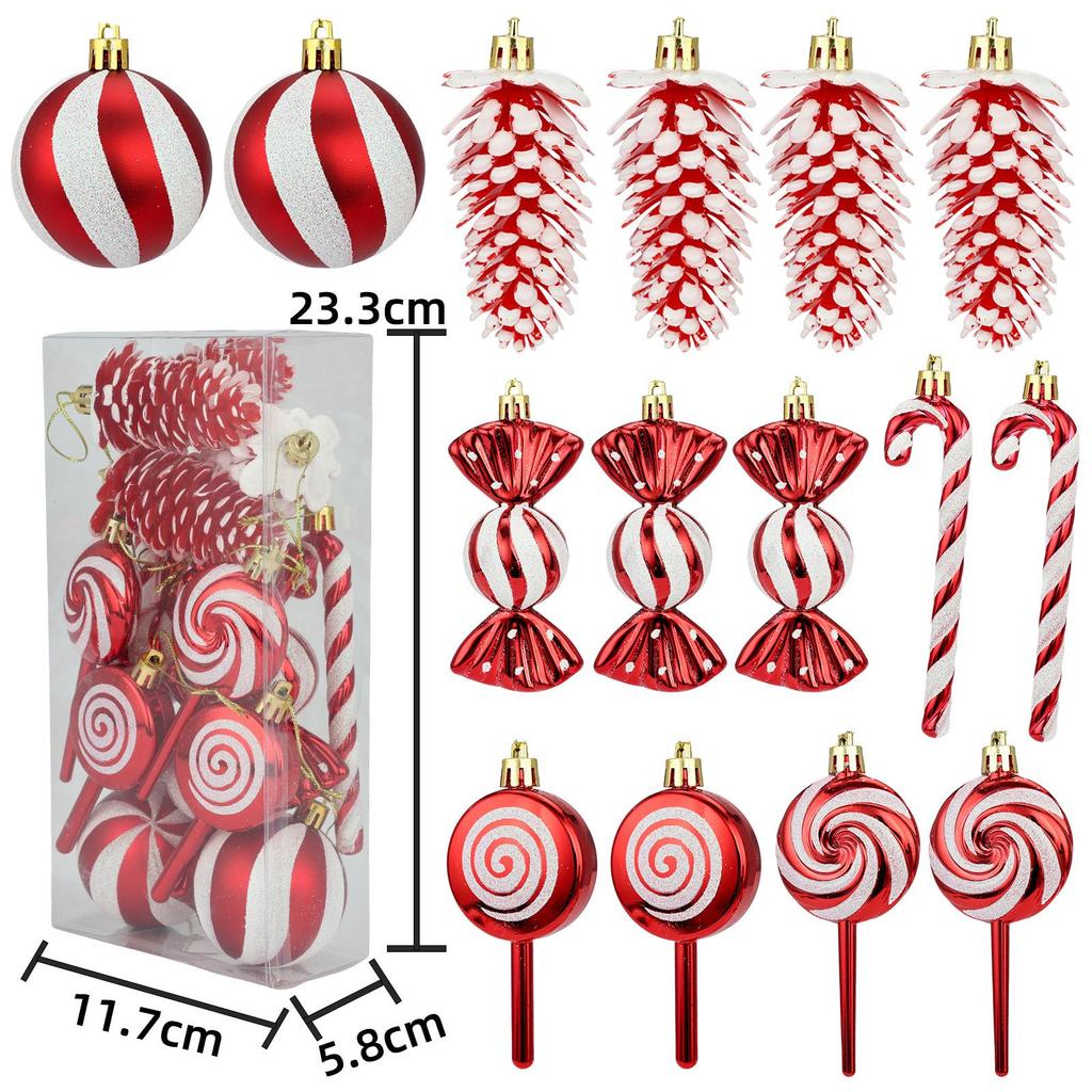 6cm 15-Piece Christmas Ornament Set: Balls, Pine Cones, Lollipops, Candies for Tree Decor and Gifts