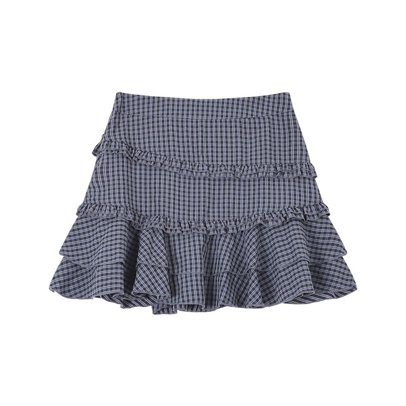 

Stylish Wooden Ear Tartan Skirt Skirt Cake Dress Women s Autumn Niche Style High Waist Short Skirt A- Line Skirt Pettiskirt Gray black grid L