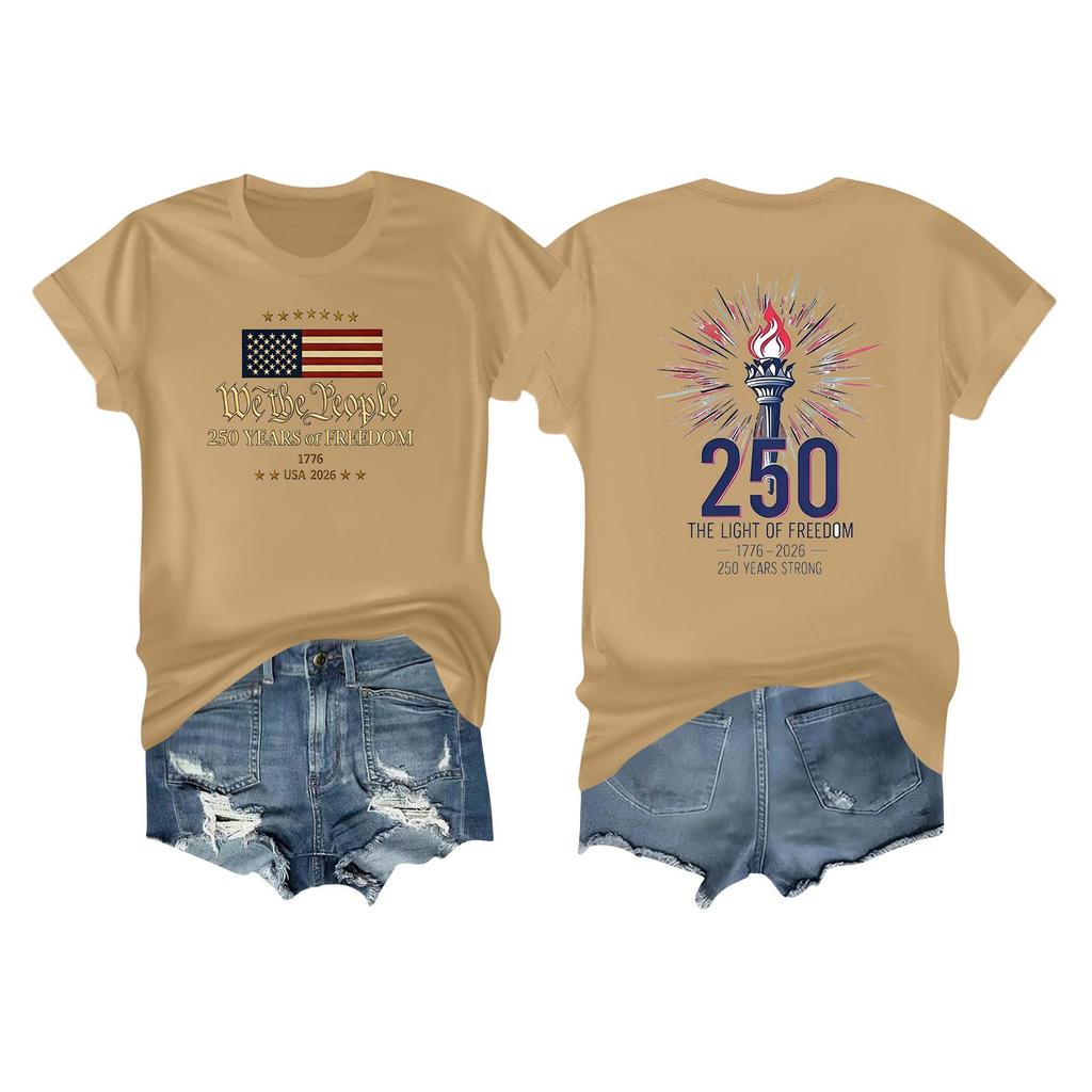 Women's Casual Independence Day 250 Anniversary Printed T-shirt Round Neck Pullover Short Sleeve Top