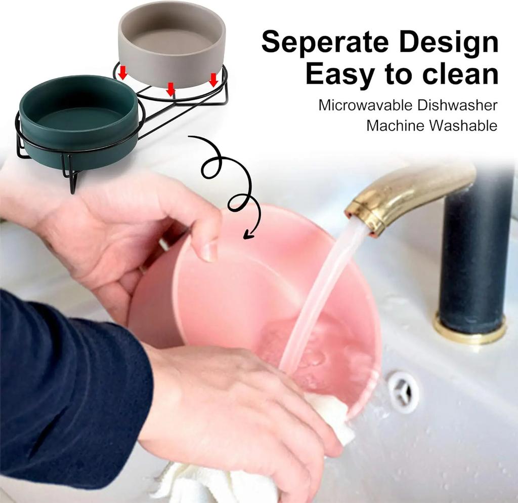 Gamelles surélevées pour chat en céramique Double gamelle pour nourriture et eau pour chat avec supports en acier pour chats chiens Anti vomissement Protection de la colonne vertébrale