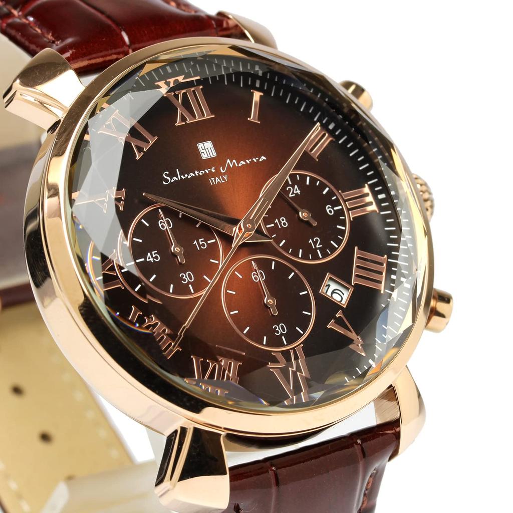 Salvatore Marra Brown Ice Black Collection Watch with Glass and Leather Model Men's Multi-Faceted Strap, SM19104-PGBRBR
