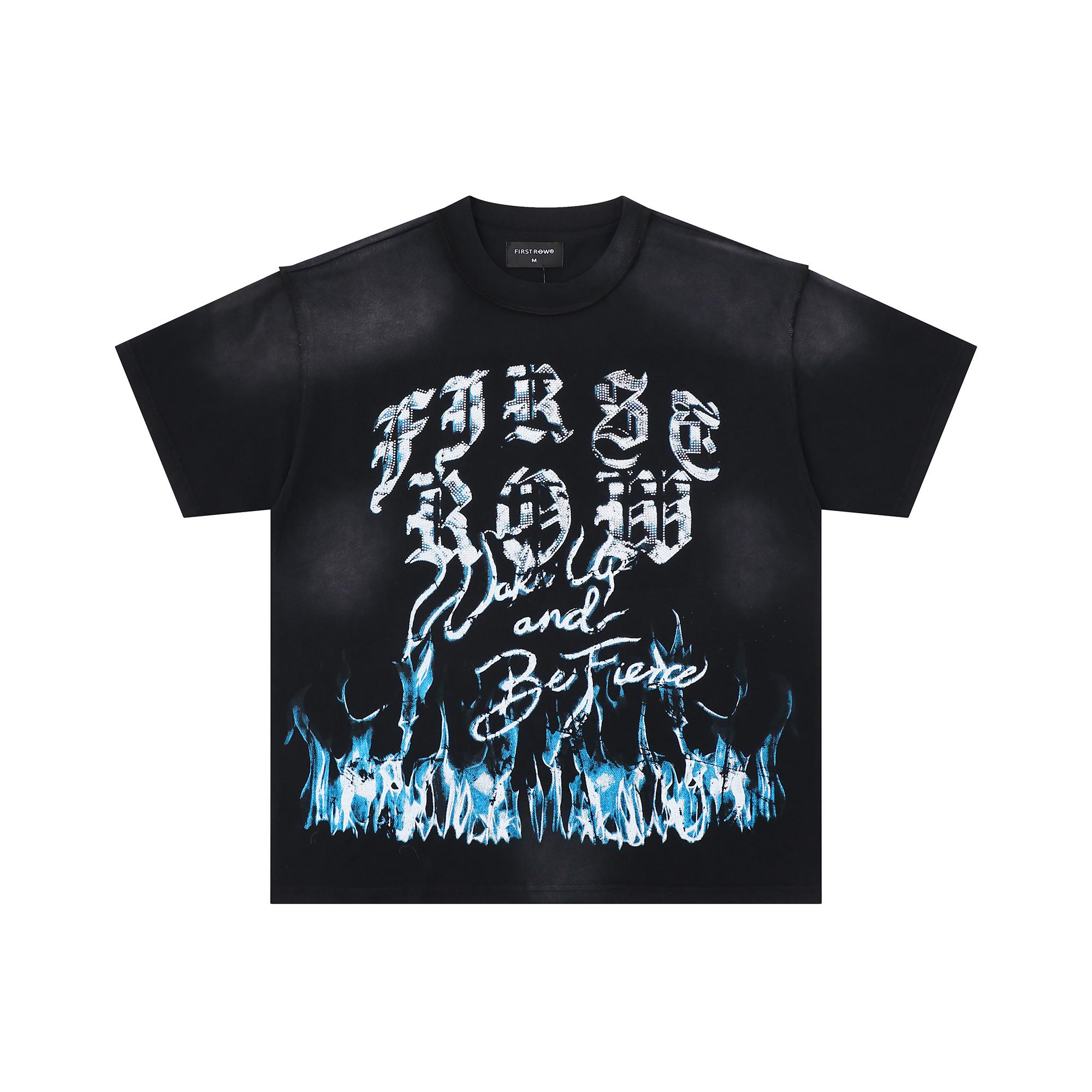 

Unisex Vintage Washed T-Shirt, Blue Fire Flame Print, Gothic Letter Graphic, Oversized Streetwear Tee S