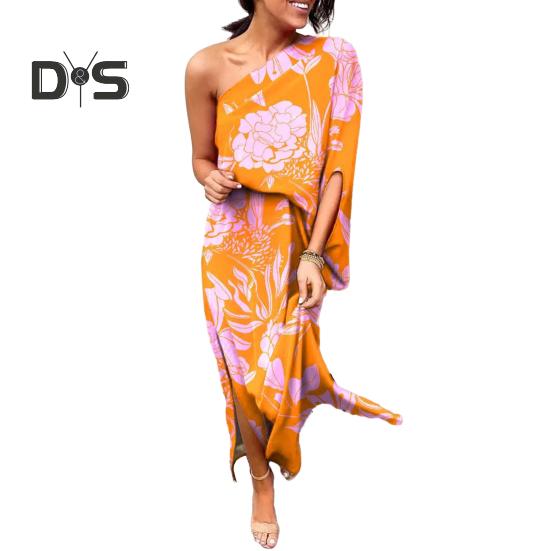 Women's One Shoulder Maxi Dress Batwing Sleeves Floral Printed Split Long Dress Pleated High Waist Cocktail Party Dress