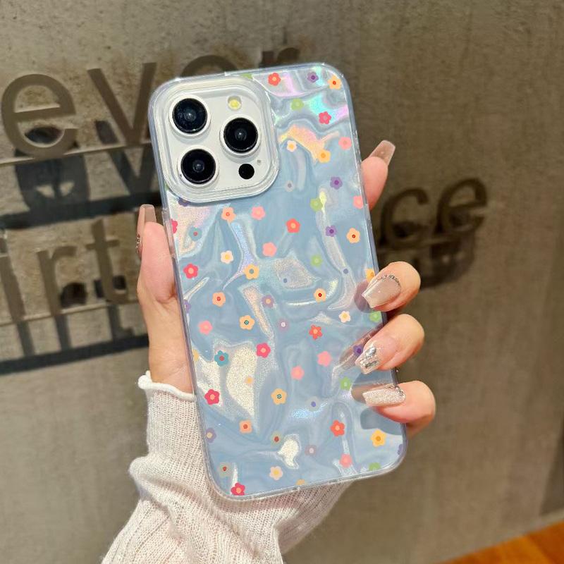 Little Flower Love Hearts Print Glitter Glossy Case For iPhone 16 15 Pro 14 Pro Max 13 12 11 Luxury Stars Pattern Shockproof Slim Clear Phone Cover