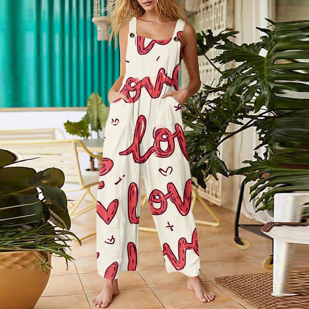 Women's heart,shaped printed casual loose retro overalls cotton and linen one,piece pants