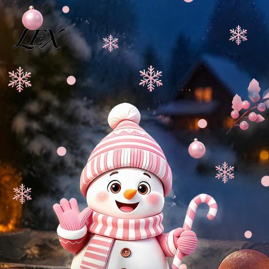 Waterproof PVC Glass Decorations Christmas Snowman Static Stickers, Decorative Pink Decals, Festival Decor for Doors Window Clings Home Holiday Party