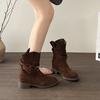 New Western medium women's boots stacking boots thick heel short boots pleated fashion belt buckle short tube and versatile black