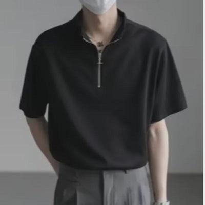 Polo Waffle de Manga Curta Masculino para o Verão – Top Solto, Casual, Liso, com Meio Zíper, Estilo Americano Moderno