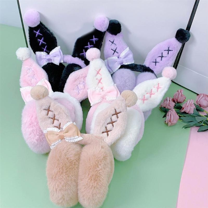 Girls Lovely Bunny Ear Shape Ear Warmer Stuffed Earmuff Warm Plush Winter Earwarmer with Bowknot Decor for Children
