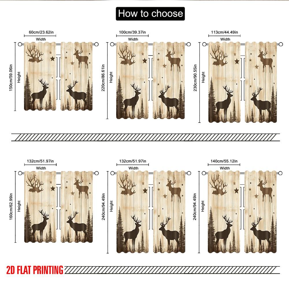 2pcs 2D Flat Printing Merry Christmas Scene Curtains Forest Deer Stars Vintage Wood (2) 100% Polyester Without Electricity