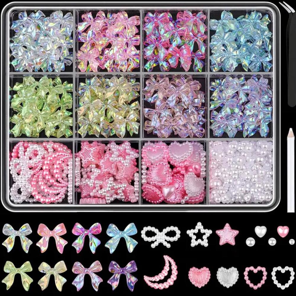 12Grids/Box Mixed Resin Bowknot Nail Charms 3D Colorful Bow Kawaii Rhinestone Nail Art Decorations DIY Manicure Parts Pen Tweeze