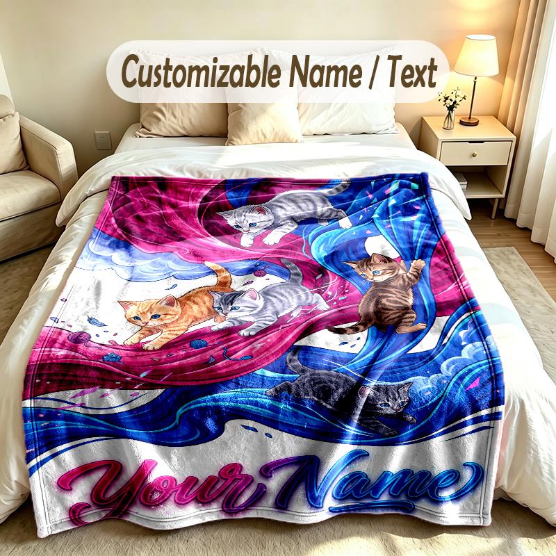 Cat Theme Custom Blanket Personalized Name & Text Customized Soft Warm Throw Blanket Home Decor