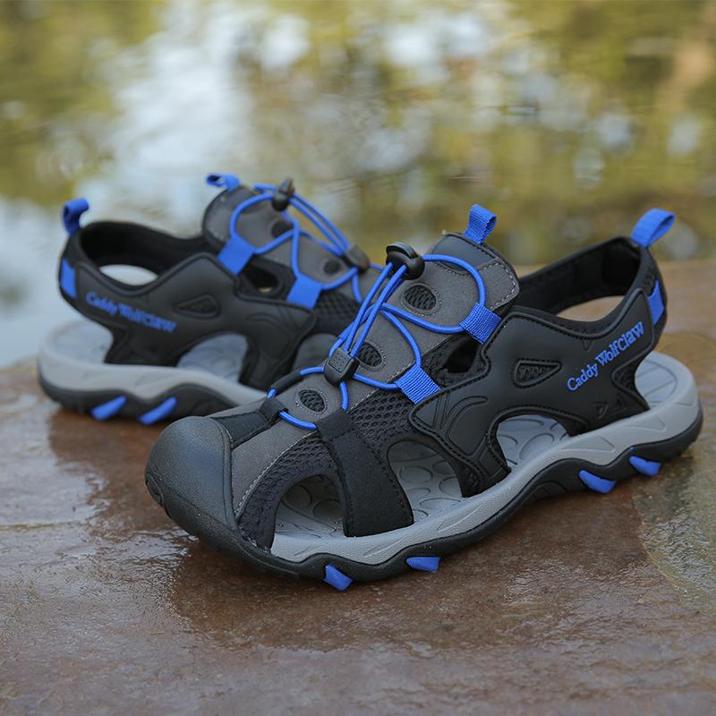 

Модные мужские римские сандалии для отдыха на открытом воздухе Летние дышащие модные сандалии из кожи + сетки Повседневная обувь Мужская обувь Мужская пляжная обувь 10 синий