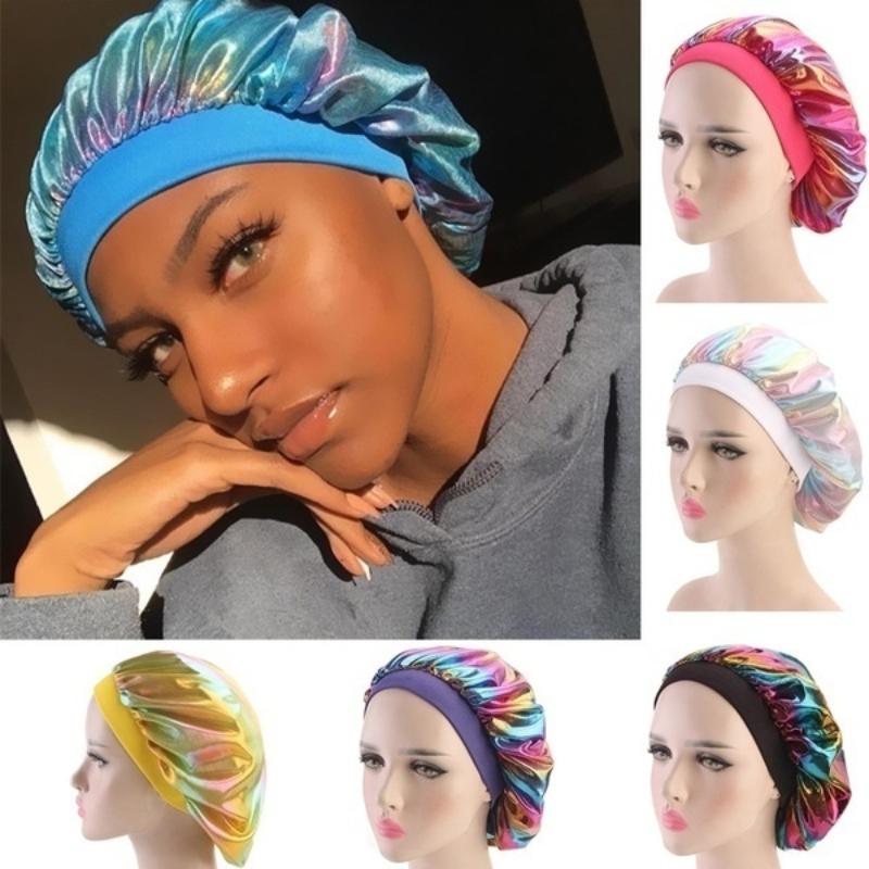 New Women Laser High Elasticity Wide Side Sleeping Cap Perm Hat Chemotherapy  Bath S Silk Bonnet for Sleeping