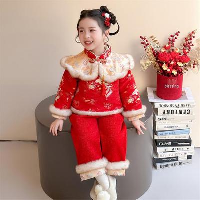 Gemütliches Winter Hanfu Set: Mit Fleece gefütterter chinesischer Tang-Anzug für Mädchen zum Neujahrsfest