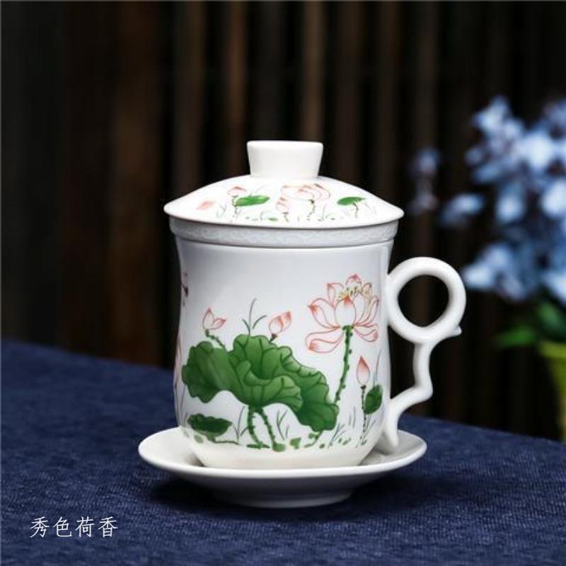 4-teiliges Teetassen-Set Persönliche Teetasse Keramik mit innerem Filter und Deckel Wasserbecher Blau-Weißes Porzellan Büro Konferenzbecher