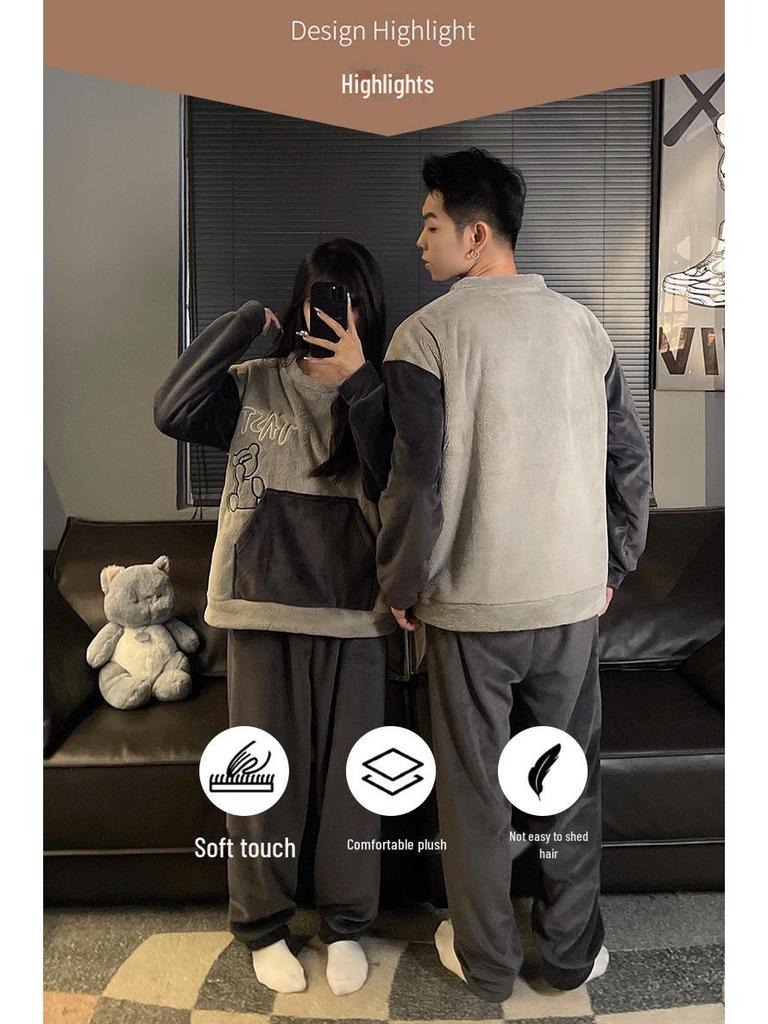 Autumn/Winter Flannel Pajamas: Cozy Round Neck Homewear for Youthful Men and Women