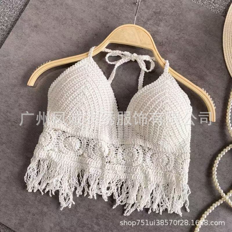 Summer new careful machine sexy backless seaside vacation neck knitted short outerwear top sling vest