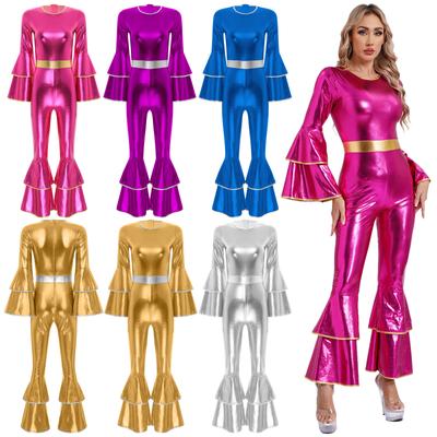 Damski Vintage 70S Disco Metallic Shiny Kombinezon Warstwowy Rozkloszowane Rękawy Dzwony Hippie Romper Jednoczęściowy Stroje Taneczne