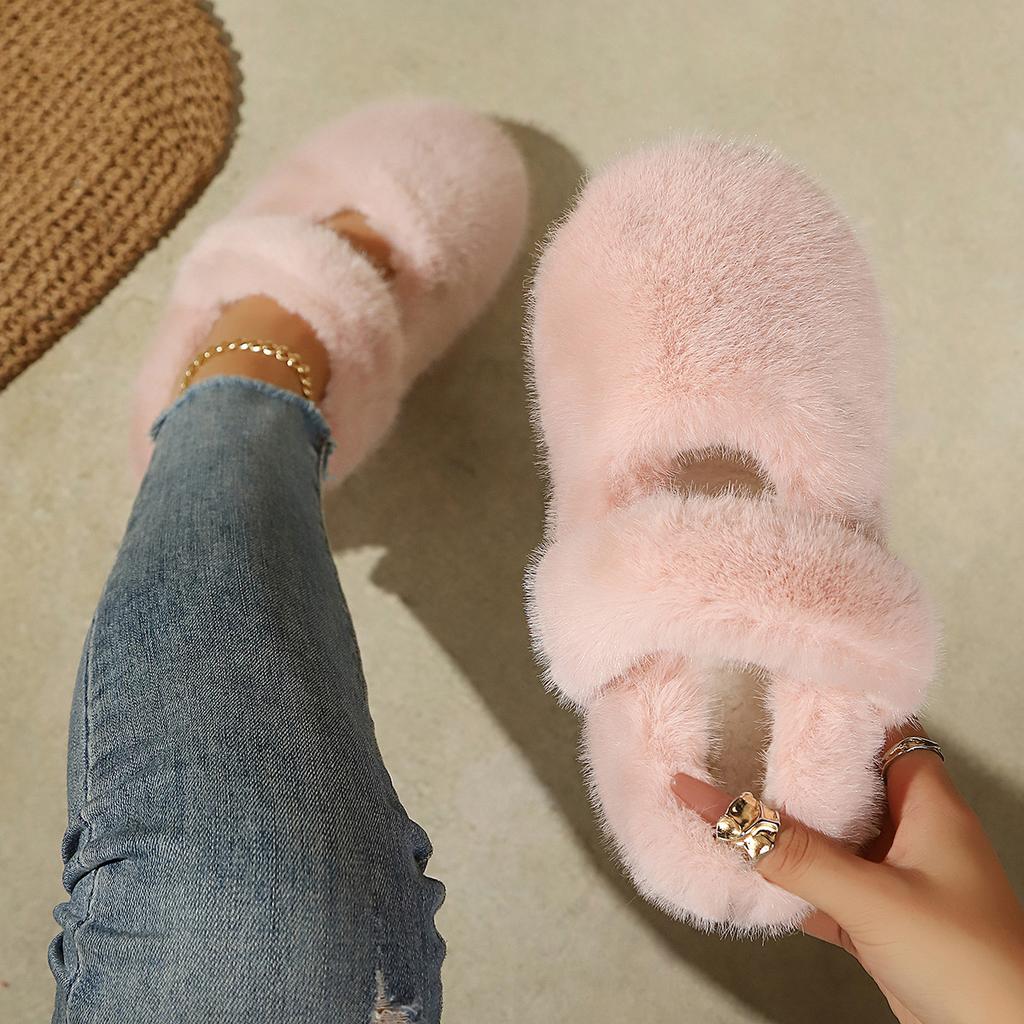 Women White Furry Flat Moccasin Loafers, Fleece Lined French Style Warm Cotton Shoes for Autumn Winter Outdoor Wear