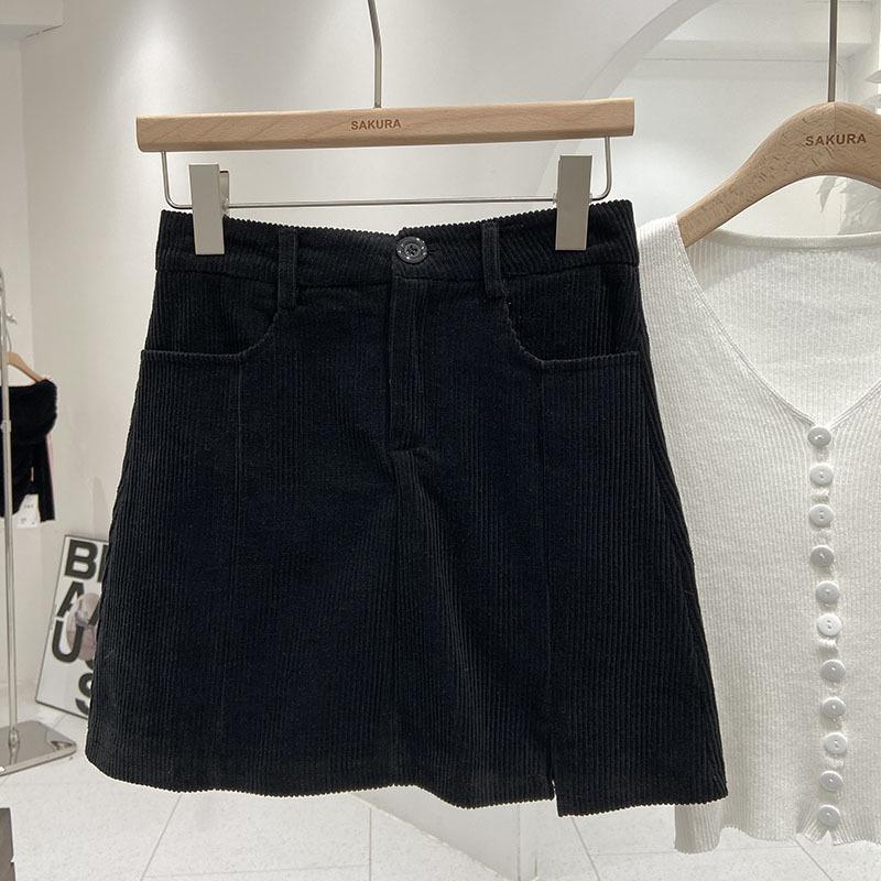 2024 Autumn Women's High-Waisted Corduroy A-Line Mini Skirt with Button, Slit, and Anti-Exposure Design - Korean Style Versatile Bodycon.