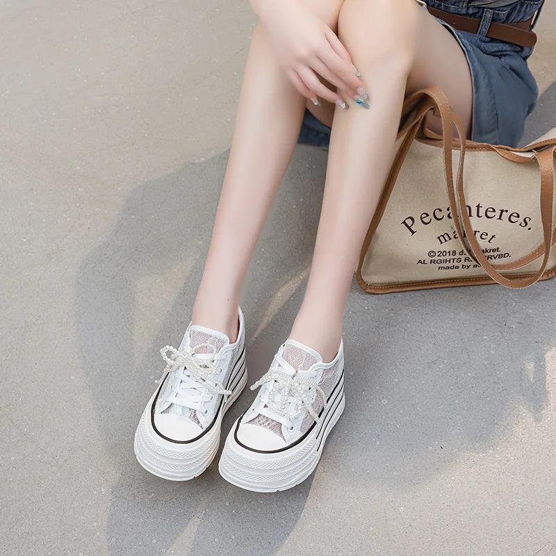 8CM Air Mesh Lace Micrifiber Leather Breathable Platform Wedge Women Vulcanize Hollow Summer String Bead Chunky Sneakers Shoes