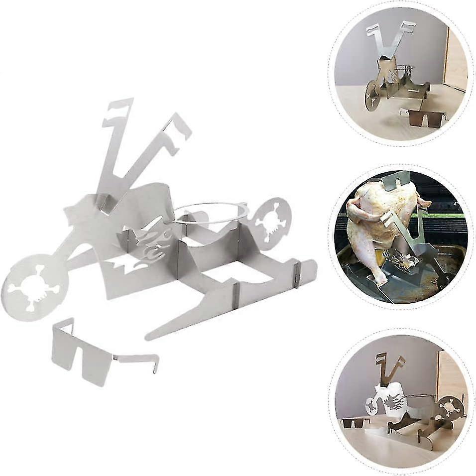 Beer Can Chicken Holder Motorbike Shaped Beer with Glasses Indoor Outdoor Grill Racks Silver
