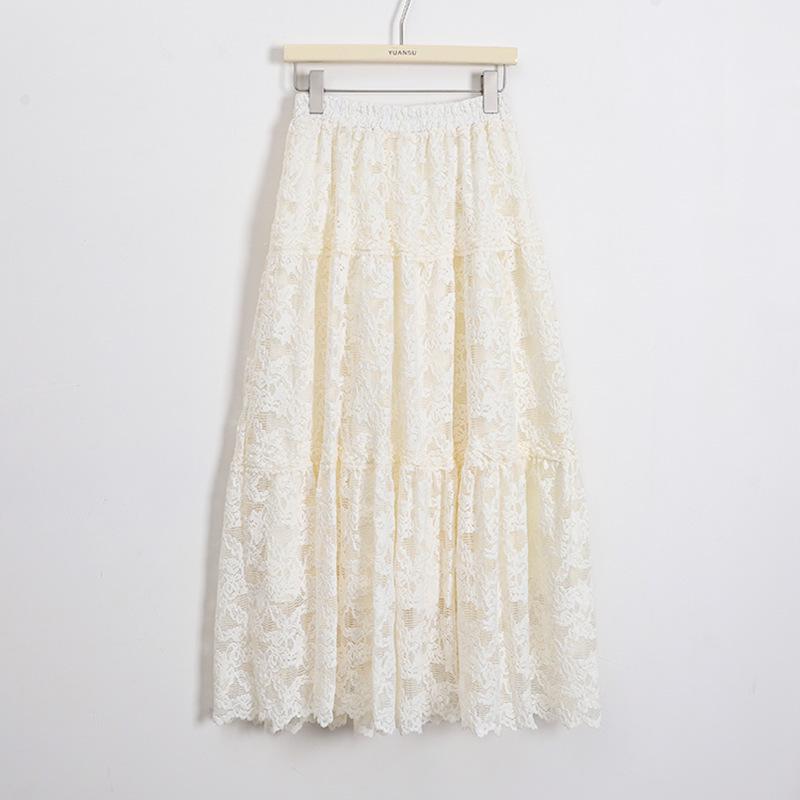 

Ancola Red Slimming A-Line Mid-Length Skirt with Retro Lace Patchwork One Size