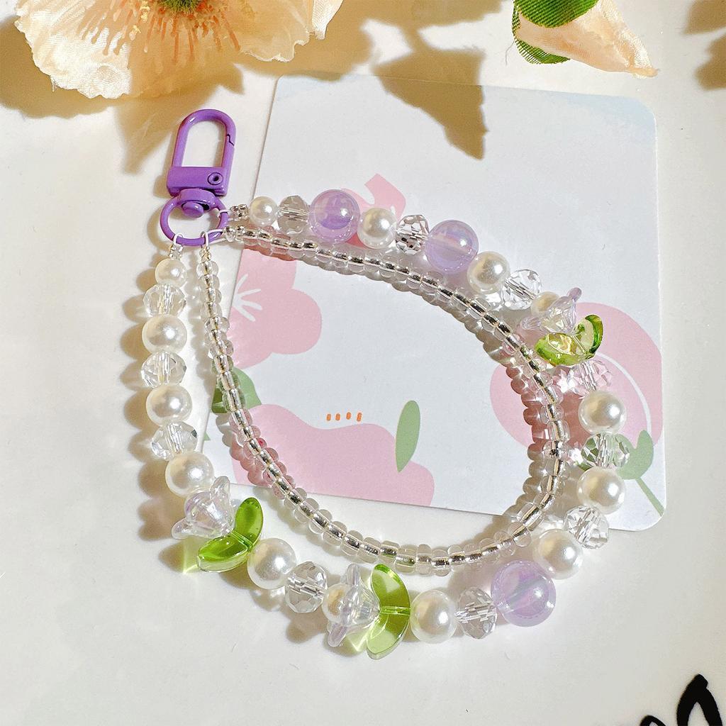 Fashion Double Layer Flower Beaded Charm Pendant Chain Phone Strap Pocket Keychain Strap Decoration for Keys Bag Purse