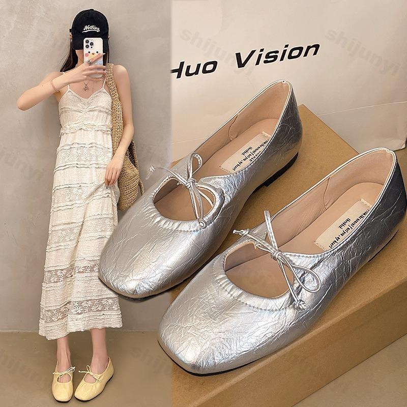 Fashion Women Ballet Flat Shoes 2025 Summer Square Toe Bow Women Loafers Shoes Lace Up Sandals Soft Casual Shoes Mujer De Zapatillas