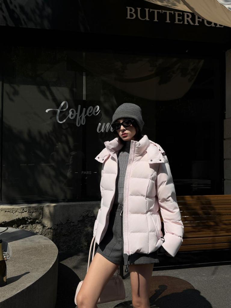 Yu Yan, white goose down waist hooded removable six-grid down jacket thickened short warm and thin jacket winter