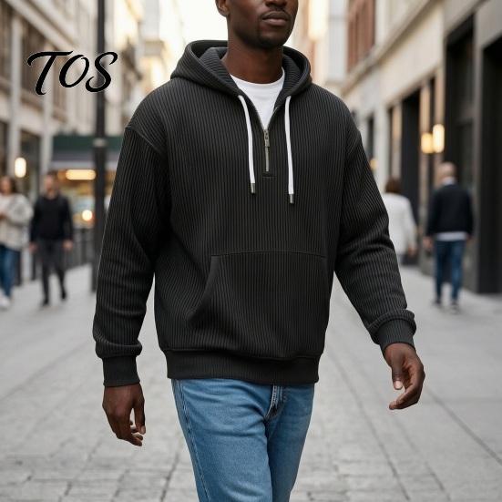 Fashionable Party Wear for Men Hooded Sweatshirt, Quarter Zipper Long Sleeve Pullover Hoodie, Warm Layering Tops Winter Corduroy Sweatshirt
