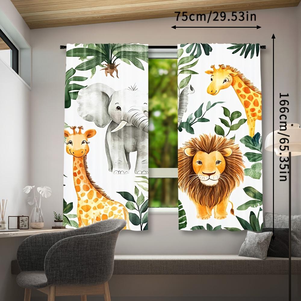 2pcs Safari Animal Adventure Curtains - Woodland Jungle Print with Lion, Elephant & More, Rod Pocket Design, Semi-Transparent Po