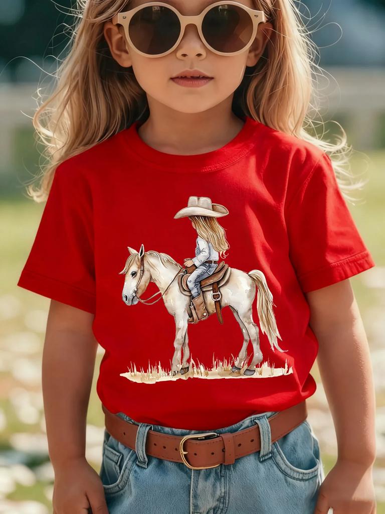 Girls Watercolor Cowgirl Riding Horse Print Short Sleeve T Shirt Western Style Cowgirl Graphic Toddler Kids Casual Summer Tee To