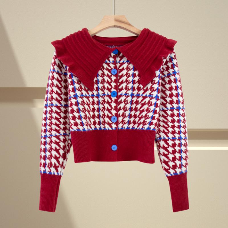 

Кукольный свитер, женский зимний свободный свитер в стиле ретро «Тысяча птиц», трикотаж, короткий кардиган с длинными рукавами, женский свитер One Size красный