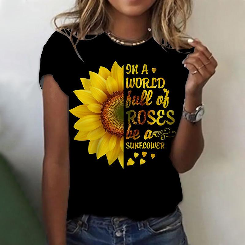 

Летний топ с круглым вырезом и принтом 3D-подсолнухов, модные повседневные женские футболки с короткими рукавами XL