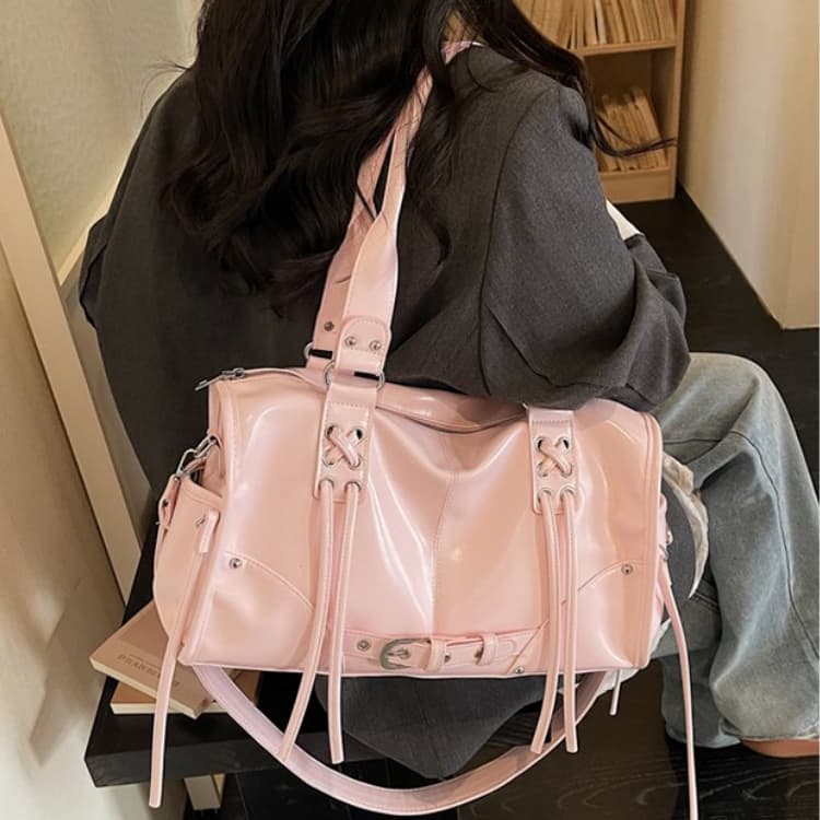 Bolsa tote feminina brilhante com cordão e franjas, bolsa de ombro