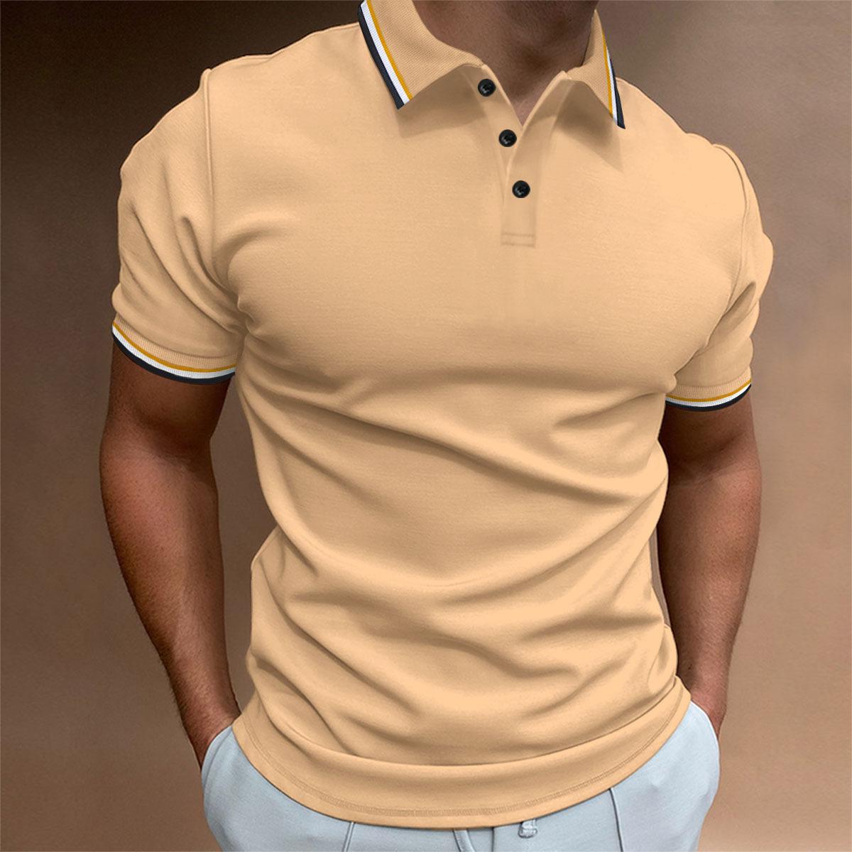 

New Men s Slim POLO Shirt Ribbed Striped Lapel Buttons Solid Colour Splicing T-shirt Tops S светло-желтого