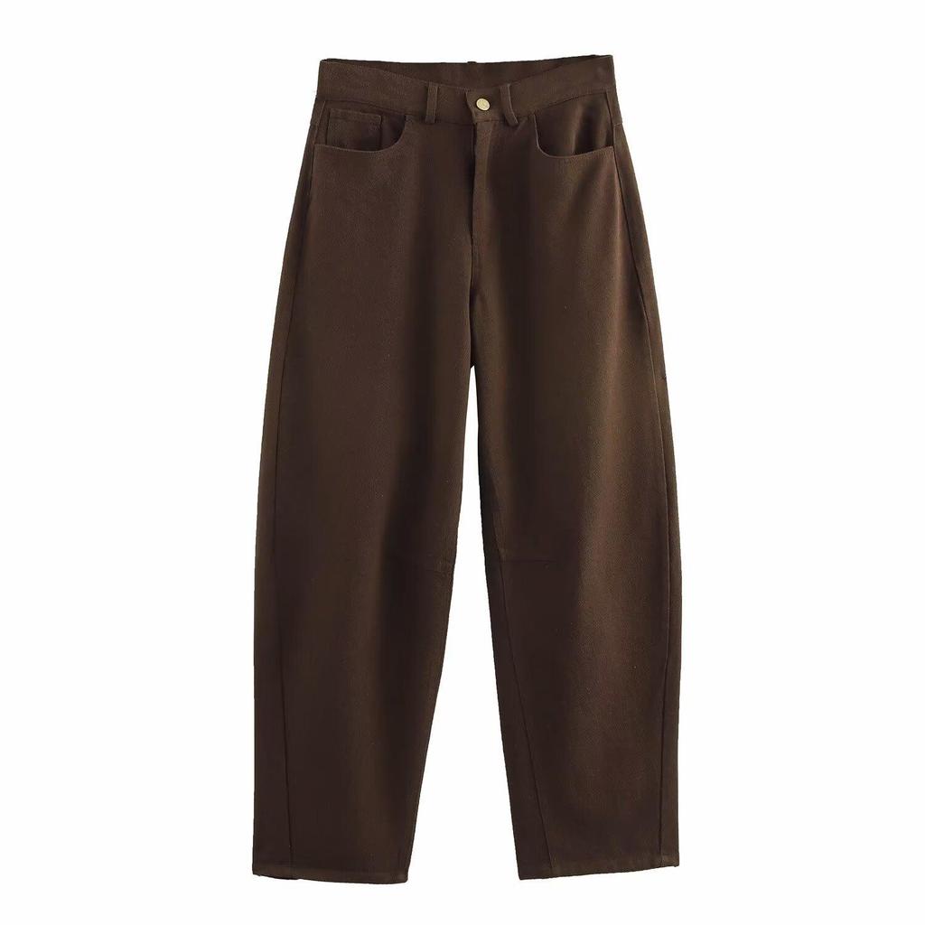 2025 Spring Women's European & American Style Brown Crew Neck Jacket and High Waist Pants Set