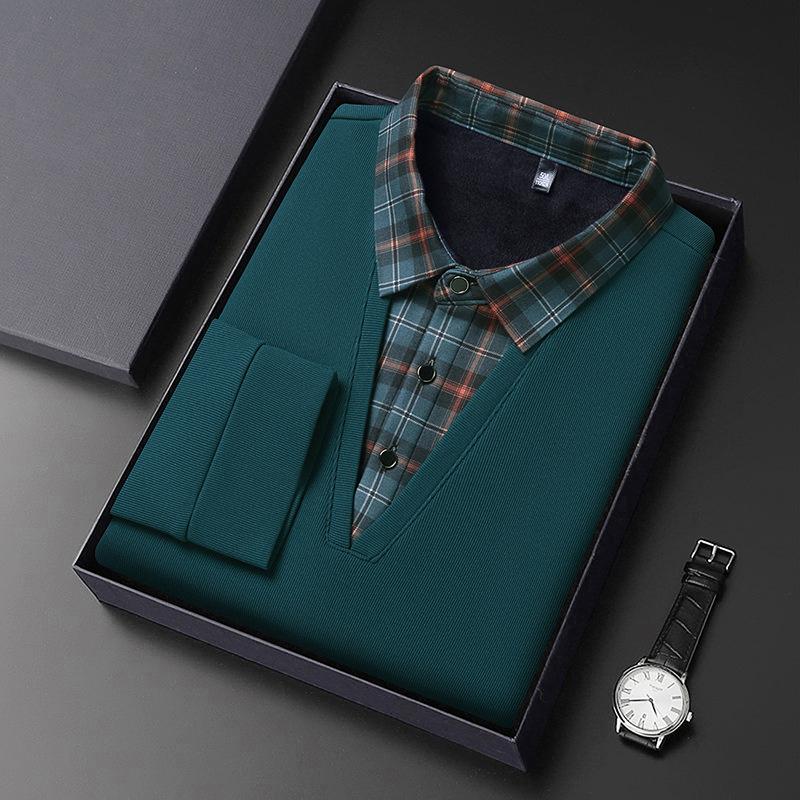 Business T-Shirt Match Plaid Men'S Shirt Collar Long-Sleeved Polo Shirt Fake Two-Piece Knitted Bottoming Shirt