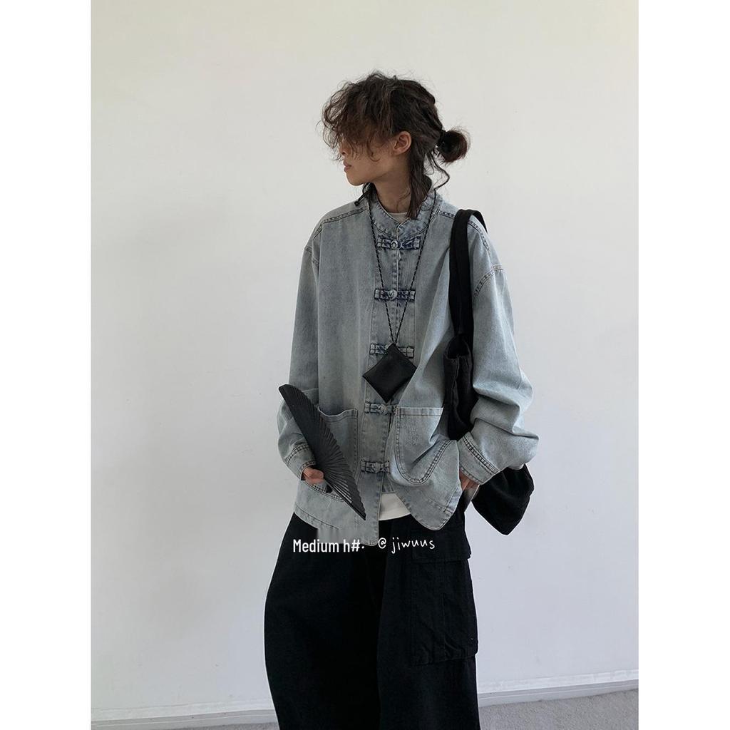 Unisex Retro Frog Button Denim Shirt: Versatile Blue Stand Collar Jacket for Men & Women