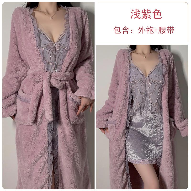 Women's Plus Size Velvet Padded Cami Sleep Dress with Robe Lounge Set