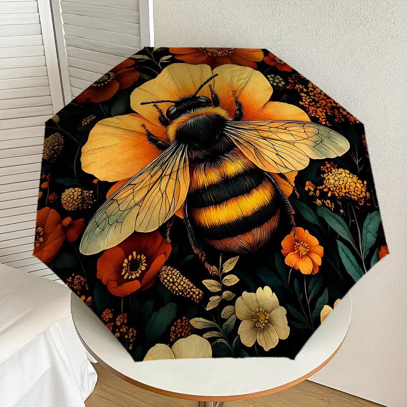 1pc Bee Flowers Automatic Folding Umbrella, Heavy Duty 8 Rib Iron Frame,  Suitable for Travel, Daily Use, Birthday, Decor Gift M0104067